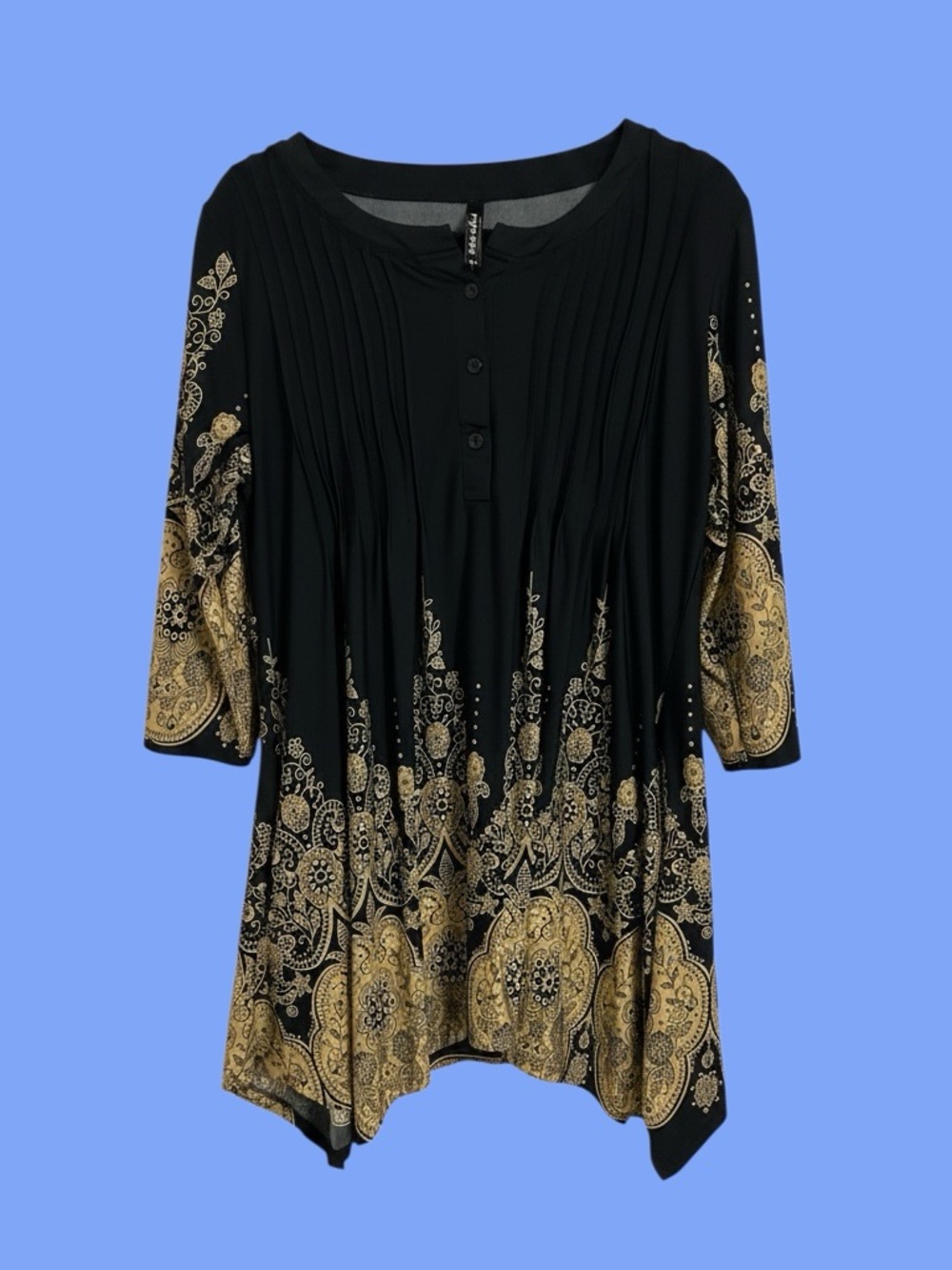 White Mark Dulce Black Tunic with Gold Botanical Print